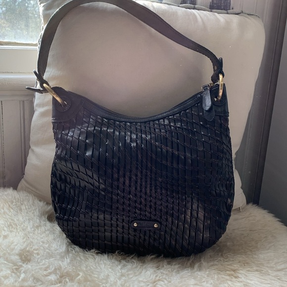 Vintage Cole Haan Black Woven Hobo Shoulder Bag with Gold Accents - Picture 2 of 5